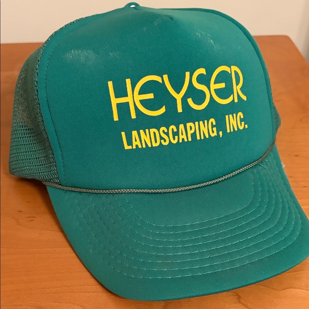 Vintage classic mesh trucker beautiful green Heyser Landscaping logo